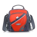 Detail view of red and grey waterproof nylon hiking bag with mesh pocket and buckles - Red