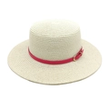 Straw boater hat in beige with pink leather strap and gold buckle for beach vacation - M(56-58cm) / Cream