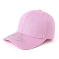 Detail of pink cotton baseball cap featuring silver rhinestone rabbit motif decoration - Pink