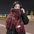 Red plaid checkered scarf for women with soft cashmere feel and classic tassels - 70-200cm / Double Label Plaid Wine Red