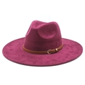 Detailed close-up of wide brim fedora hat featuring brown leather band and gold buckle - M(56-59CM) / Burgundy