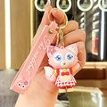 Pink LinaBell fox keychain with red checkered apron and silicone handle strap charm - LinaBell-Red Plaid Skirt