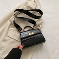Minimalist black crocodile pattern crossbody bag with golden clasp and wide fabric strap - Black