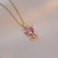 Collar de gato dorado con colgante de piedra rosa y circonitas cúbicas brillantes - Dorado Circonita Rosa
