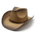 Hand-painted brown straw cowboy hat with curved brim and vintage gradient finish - M (56-58cm) / Khaki Brown