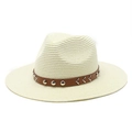 Detail of off-white woven straw fedora hat with studded leather band and V-shaped metal trim - M (56-58cm) / Cream