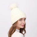 Winter diamond knit pom-pom beanie in cream white with thick fleece lining for warmth - White