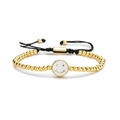 Bracciale regolabile in perline dorate con ciondolo smiley in smalto bianco e cordino nero - Faccina sorridente