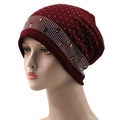 Women's burgundy knit beanie with shimmering silver rhinestones and gold decorative accents - One Size(56-61cm) / Burgundy