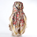 Beige paisley floral satin silk scarf styled as an elegant head wrap for women - Khaki