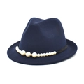 Elegant dark blue wool felt fedora hat decorated with a vintage white pearl band - M (56-58cm) / Navy Blue