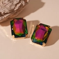 Macro shot of rectangular multi-color crystal earrings with gold prong settings - 925 Silver Needle / Colorful Geometric Stud Earrings