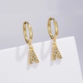 Golden earrings with letter A pendant and sparkling white rhinestones on small hoops - Letter A (Style: 0229)