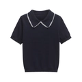 Polo in maglia blu scuro a maniche corte con colletto rifinito in pizzo bianco festonato - S / Blu navy