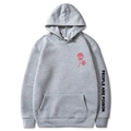 Gray long sleeve hoodie featuring red rose print and People Are Poison text design - Grey 345