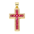 Golden cross pendant featuring square red rubies and a halo of clear zircon stones - Pendant 63 (Gold Pave Red Ruby Cross)