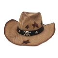Vintage straw cowboy sun hat with pentagram print and skull metal band for beach vacations - White Skull Decor (Wind Rope) / Camel