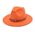 Close-up of orange wool fedora hat featuring a brown leather band with silver metal studs - M (56-58cm) / Orange
