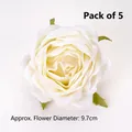 Set of 5 white artificial silk roses with green leaves, 9.7cm diameter for cake decor - High-grade Simulation Rose / Creamy White