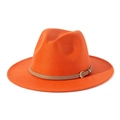Detail of orange wool felt fedora hat featuring a brown leather belt with a gold buckle - M(56-58cm) / Orange + Light Khaki Belt