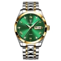 Poedagar men's business watch with green sunburst dial and two-tone gold silver band - 985 Two-tone Gold Green Dial