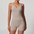 Cross-back yoga vest and high-waist shorts set in premium taupe stretch fabric - Flaxen