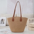 Brown leather handle detail on large woven straw tote bag for beach and summer - Solid Brown