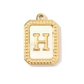 Close-up of golden stainless steel rectangular pendant with white shell and letter H - Letter H