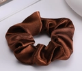 Lustrous caramel brown satin scrunchie with elegant silk-like texture and soft sheen - Solid Satin Scrunchie - Brown