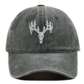 Close-up of white embroidered deer skull design on washed grey cotton baseball cap - Army Green