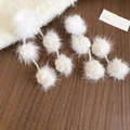 Detail of white pompom earrings with mink fur, crystal beads and rose flowers for winter - Hairball Flower Style / White