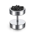Close-up of dumbbell stud earring with iridescent black crystal in stainless steel - Silver Base - Black Druzy / 10mm