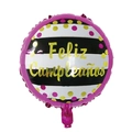 18-inch round Feliz Cumpleaños foil balloon with stripes, dots, and gold lettering - Round Magenta Black White Stripes Spanish Birthday