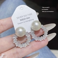 Elegant 925 sterling silver pearl earrings with zircon rings held by hand - E0279 Silver Needle (Pearl Zircon Square Hoop Studs Silver)