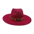 Ethnic style rose red wide brim fedora hat with brown leather band and bull head buckle - Burgundy