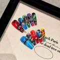 Handmade graffiti style press-on nails in long trapezoid shape with colorful pop art design - Extra Small (XS) / Thumb 14, Index 10, Middle 11, Ring 10, Pinky 7