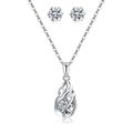 Silver hollow teardrop necklace and stud earrings set with sparkling zircons - Silver