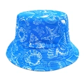 Close-up of bright blue fisherman hat featuring white sea shells and coral print - M(56-58cm) / Blue
