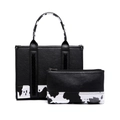 Boho-Handtasche aus schwarzem Kunstleder mit Kuhmuster-Boden und passendem Münzetui - Medium Schwarz + Clutch (Kuhdruck)