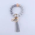 Silicone beaded wristlet keychain with grey marble beads and leather tassel - Light Gray