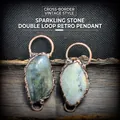 Retro double-loop bronze necklace with iridescent labradorite and handcrafted wire wrapping - Vintage Labradorite Pendant