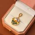 Vintage style golden round pendant with colorful enamel and a white pearl inlay - Green Yellow and Light Blue Pearl Style