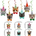 Size chart for cat party decorations showing dimensions of six unique feline hanging swirls - Cat Swirl Decorations