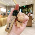 Cute light brown French Bulldog keychain with leather strap and black metal ring - Brown