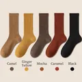 Five pack of women's ribbed cotton crew socks in camel, yellow, mocha, caramel and black - One Size / Camel, Ginger, Mocha, Caramel, Black
