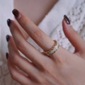 French vintage style gold hollow lace ring with light grey enamel inlay for women - Adjustable Open / Vintage Hollow Grey-Blue Ring Style (J5375)