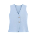 Close-up of light blue knit vest featuring textured fabric and two gold buttons - Sky Blue Vest / S