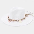 Detailed close-up of shell decorations and frayed edges on the white straw sun hat - One Size / White