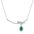 Silver bow necklace with a pear-cut emerald pendant and sparkling white diamonds - Silver/Green