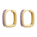 Detail of square gold earrings with purple marble enamel texture and glossy finish - Purple